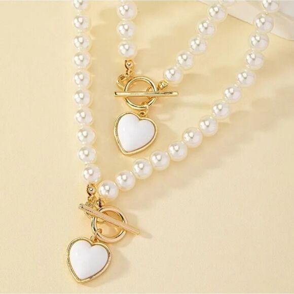 Faux Pearl Heart Toggle Necklace & Bracelet Set - Picture 2 of 3